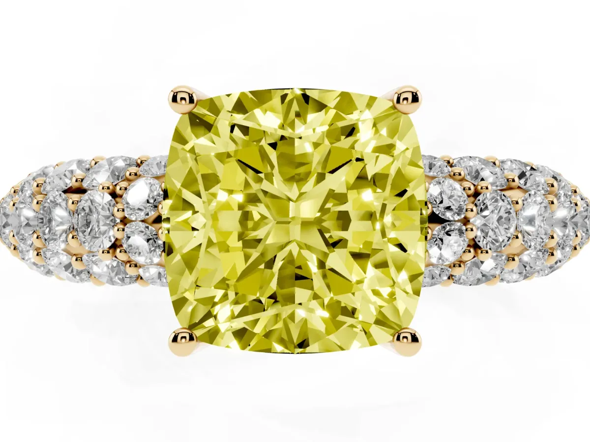 Fancy Yellow Cushion Cut Diamond Pavé Band Solitaire Ring with Four-Prong Setting Yellow gold