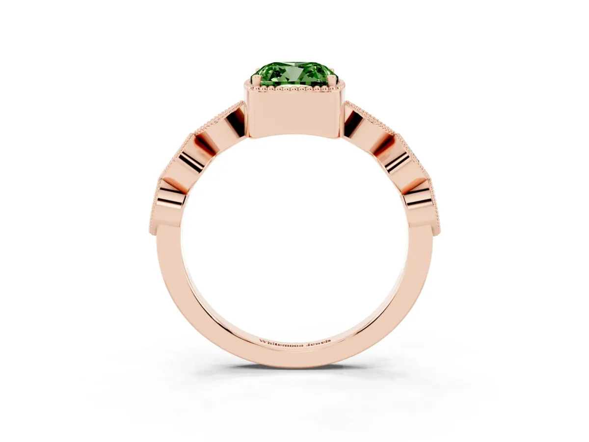 Fancy Green Cushion Cut Diamond Vintage Milgrain Ring with Round Stations Rose gold
