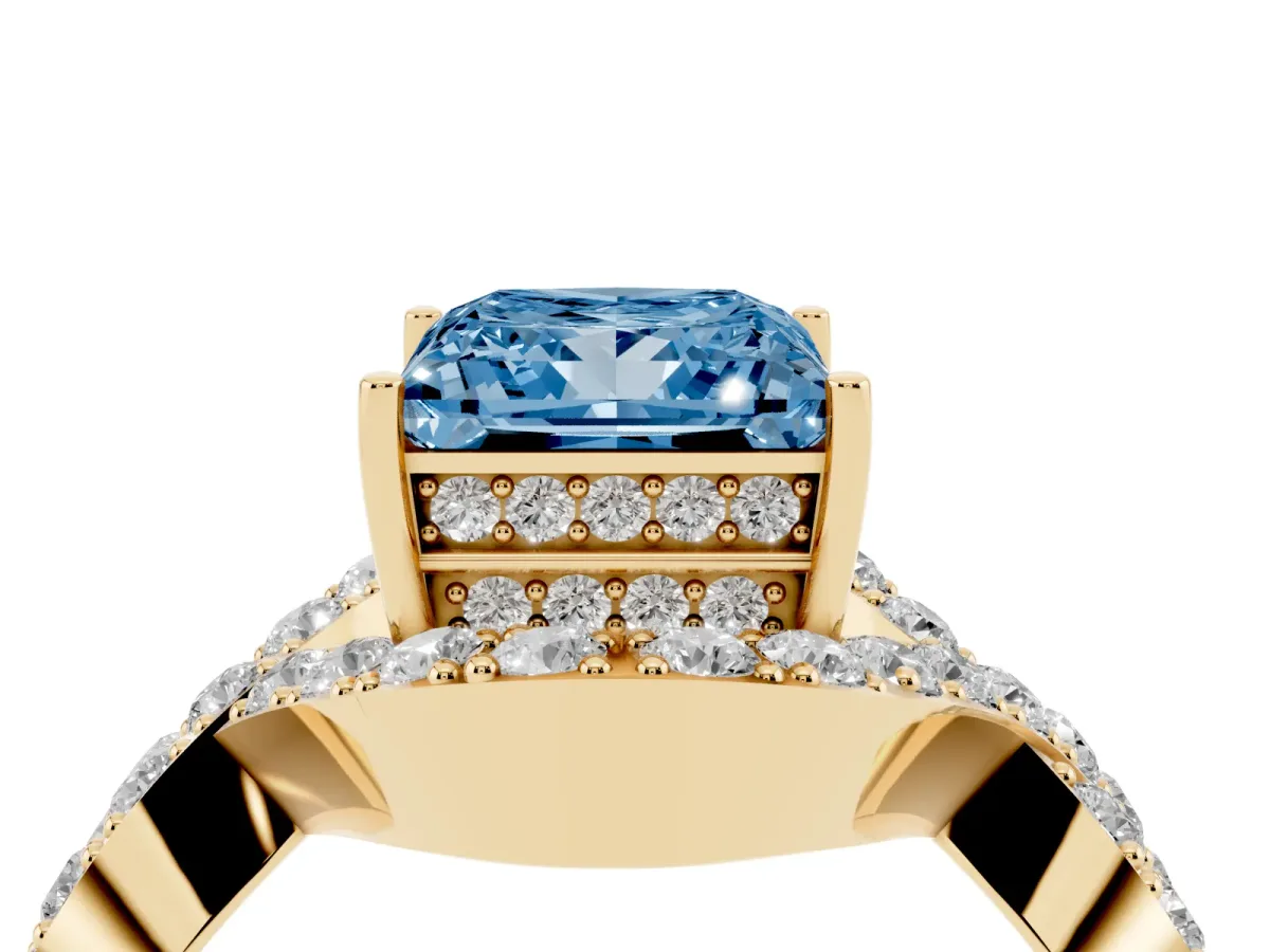 Fancy Blue Princess Cut Solitaire Twist Band Pavé Diamond Engagement Ring Yellow gold