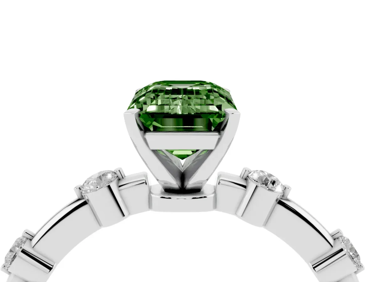 Fancy Green Emerald Cut Solitaire Diamond Ring with Bezel Set Side Stones and Prong Setting Silver