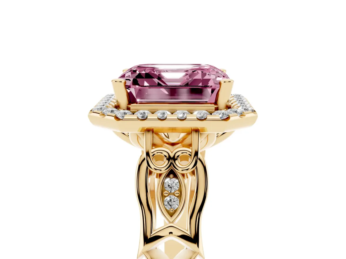 Fancy Pink Asscher Cut Halo Diamond Engagement Ring with Filigree Band and Four-Prong Setting Yellow gold