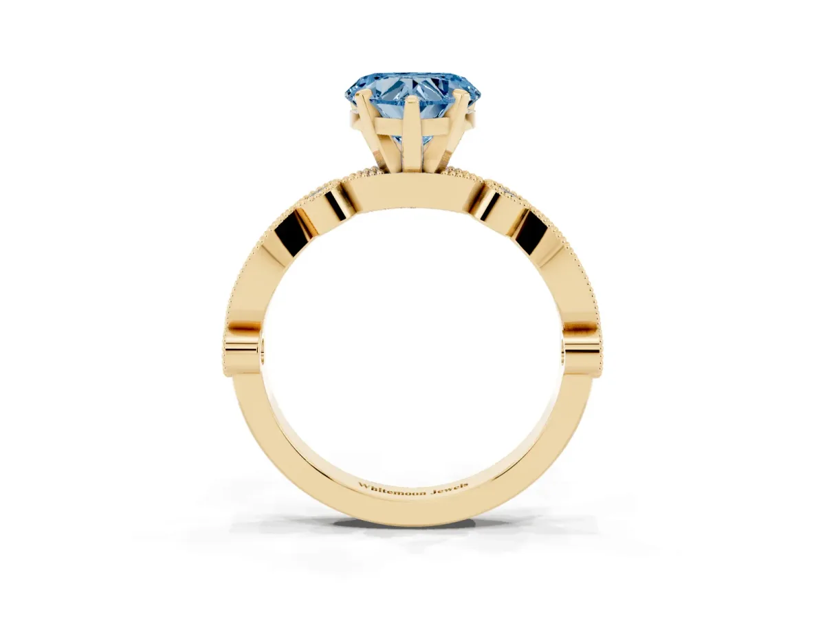 Fancy Blue Heart Cut Milgrain Bezel Diamond Engagement Ring with Solitaire Prong Setting Yellow gold