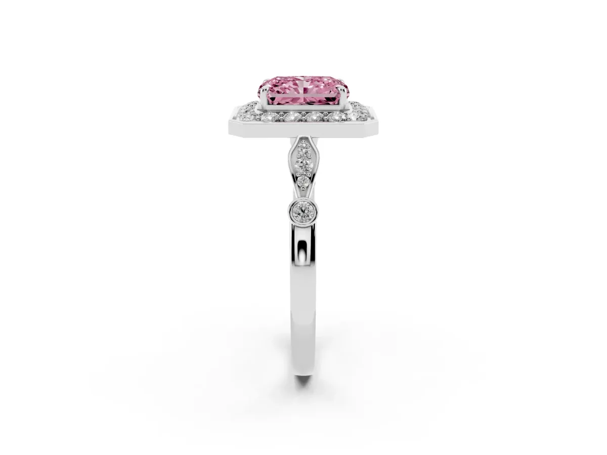 Fancy Pink Radiant Cut Halo Diamond Engagement Ring with Twisted Band and Four-Prong Setting Silver