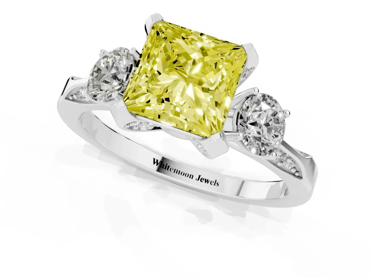 Fancy Yellow Princess Cut Brilliant Three-Stone Diamond Ring with Pavé Band and Four-Prong Setting White gold