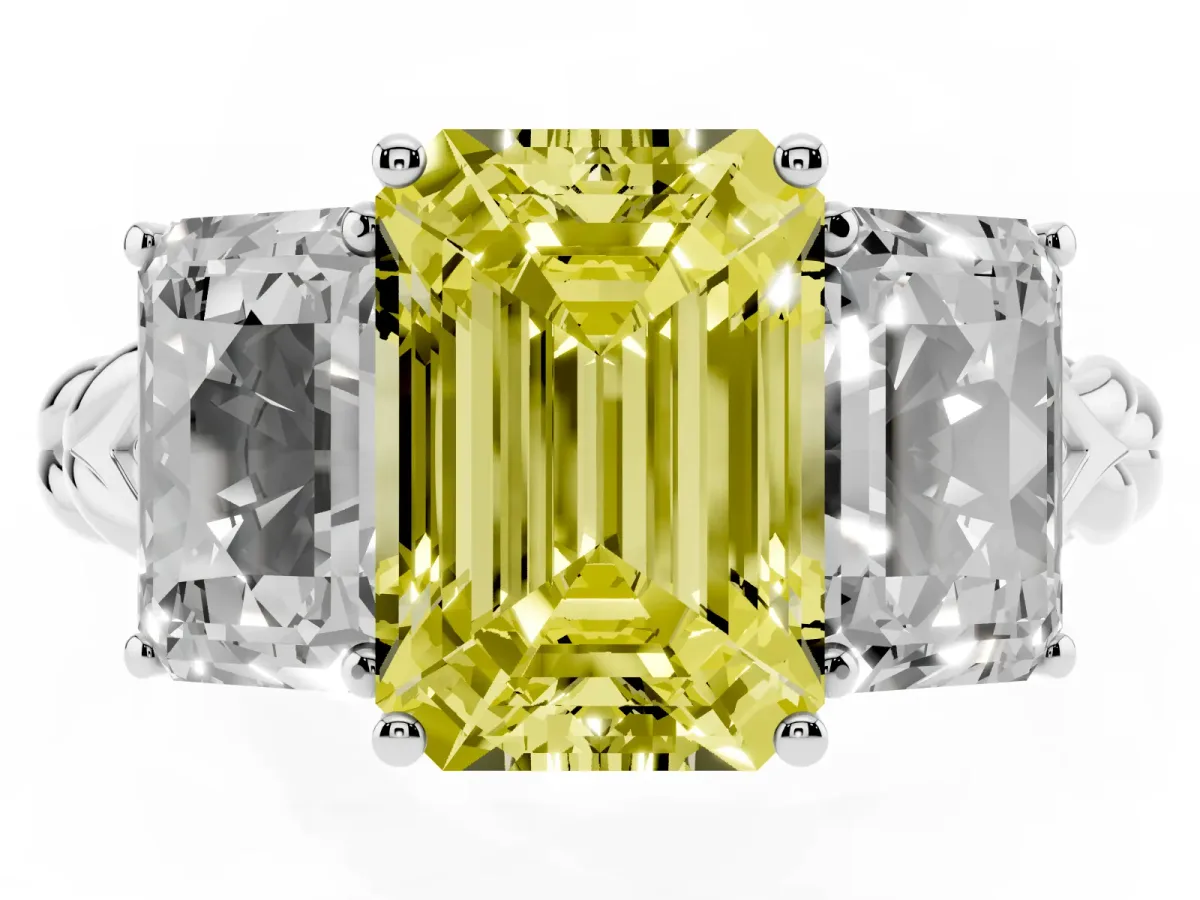 Fancy Yellow Three-Stone Emerald Cut Diamond Braided Band Ring with Four-Prong Setting Platinum