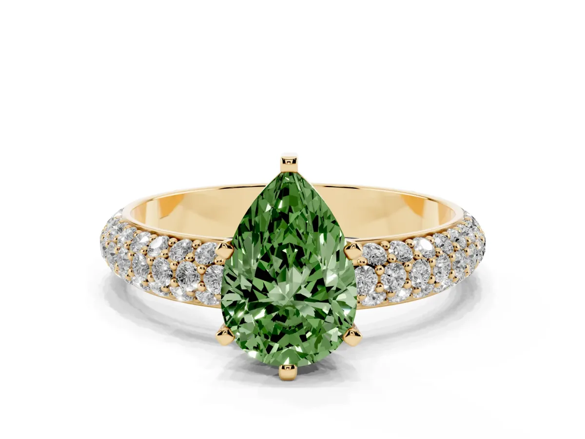 Fancy Green Pear Cut Diamond Solitaire Ring with Prong Setting and Pavé Band Yellow gold