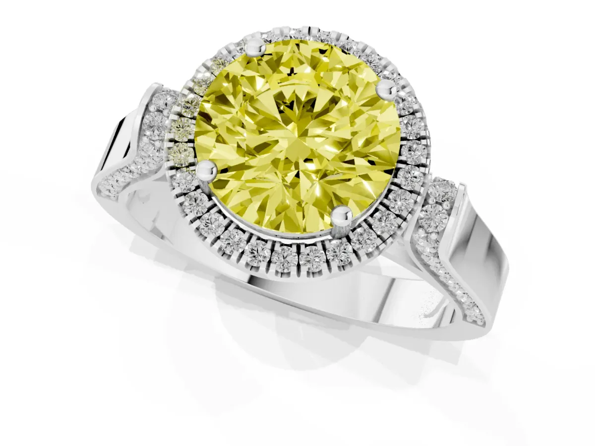 Fancy Yellow Round Cut Halo Pave Split Shank Prong Setting Ring Silver