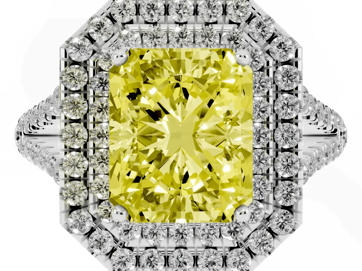 Fancy Yellow Radiant Cut Diamond Double Halo Ring with Pavé Band and Prong Setting Platinum