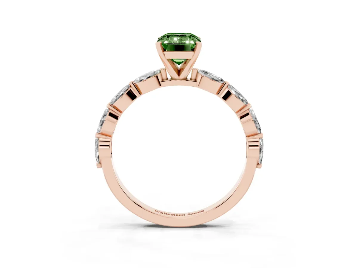 Fancy Green Emerald Cut Diamond Ring with Marquise Side Stones and Prong Setting Rose gold