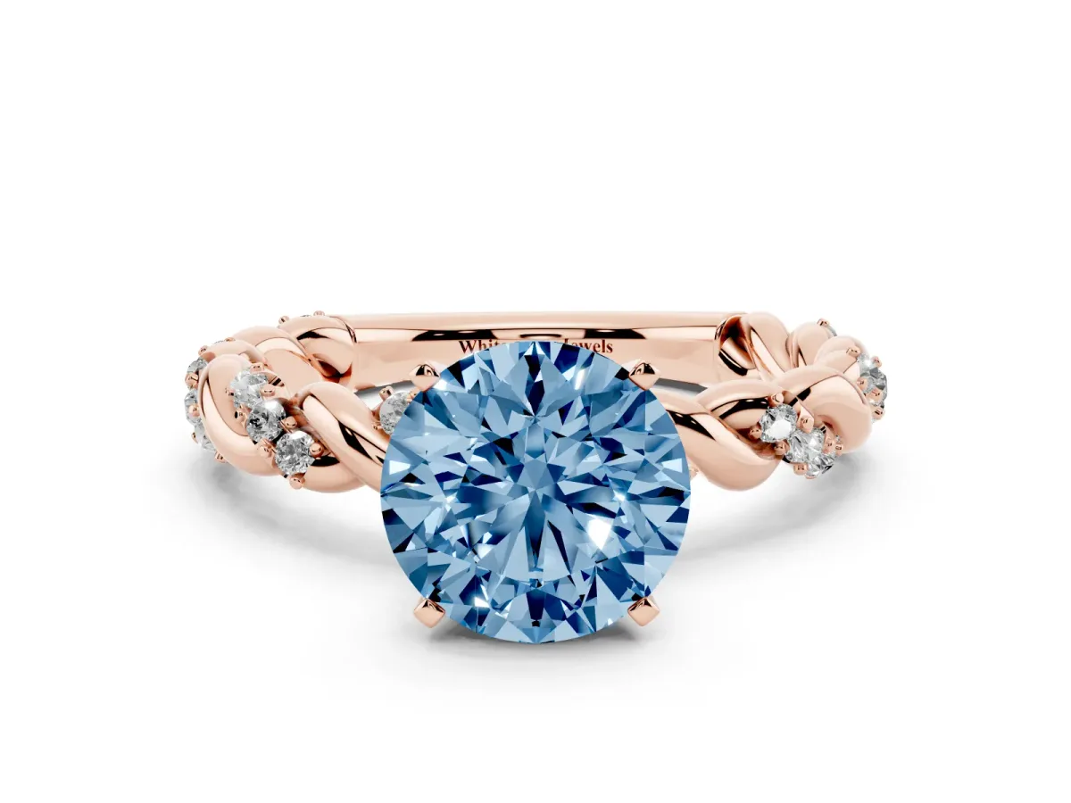 Fancy Blue Round Cut Diamond Solitaire Ring with Twisted Band and Pavé Accents Rose gold