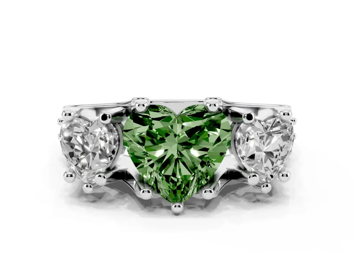 Fancy Green Heart Cut Diamond Three-Stone Ring with Channel Set Band and Four-Prong Setting Silver