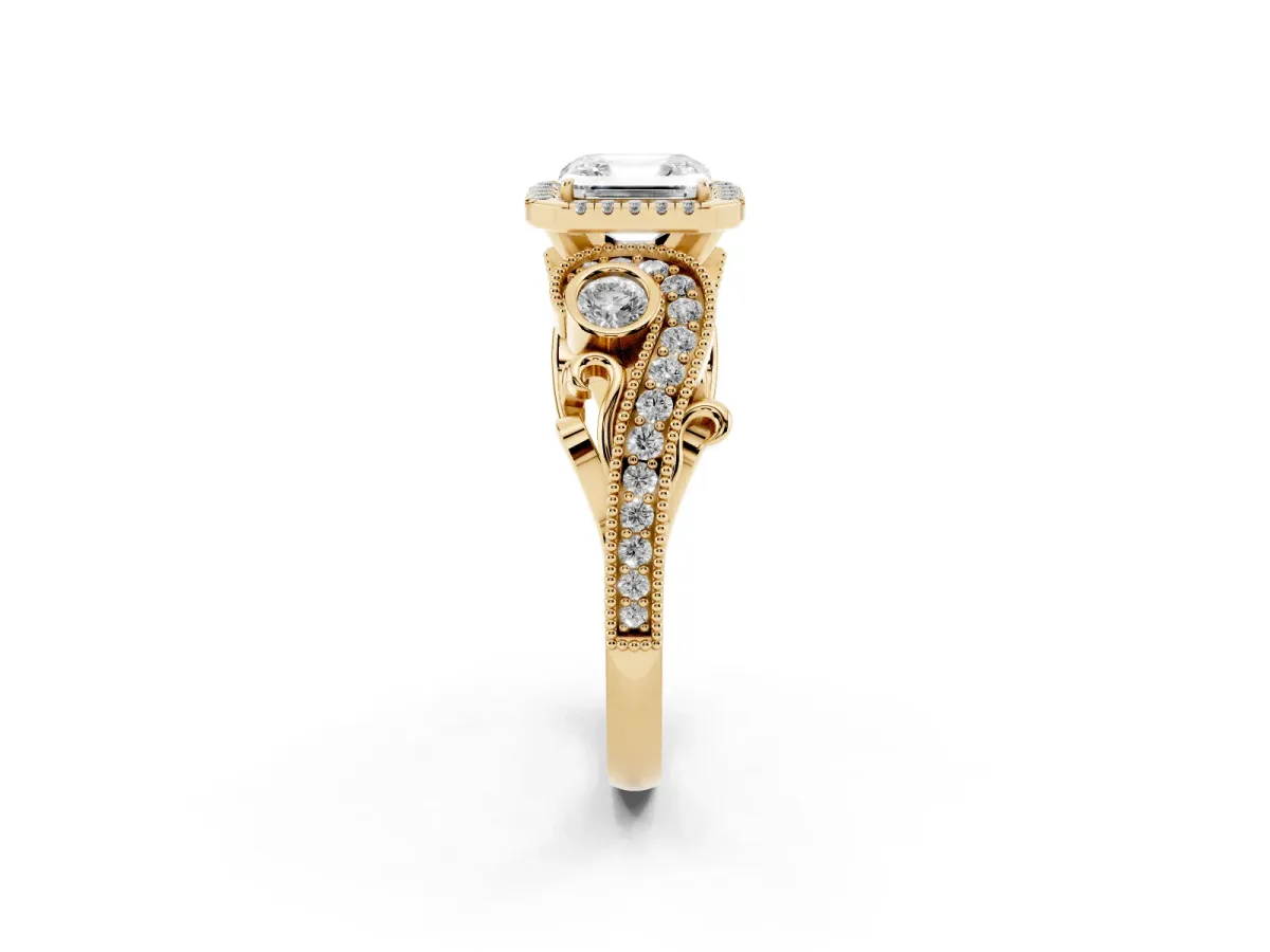 Asscher Cut Halo Diamond Ring with Milgrain and Bezel Accents on a Split Shank Band Yellow gold