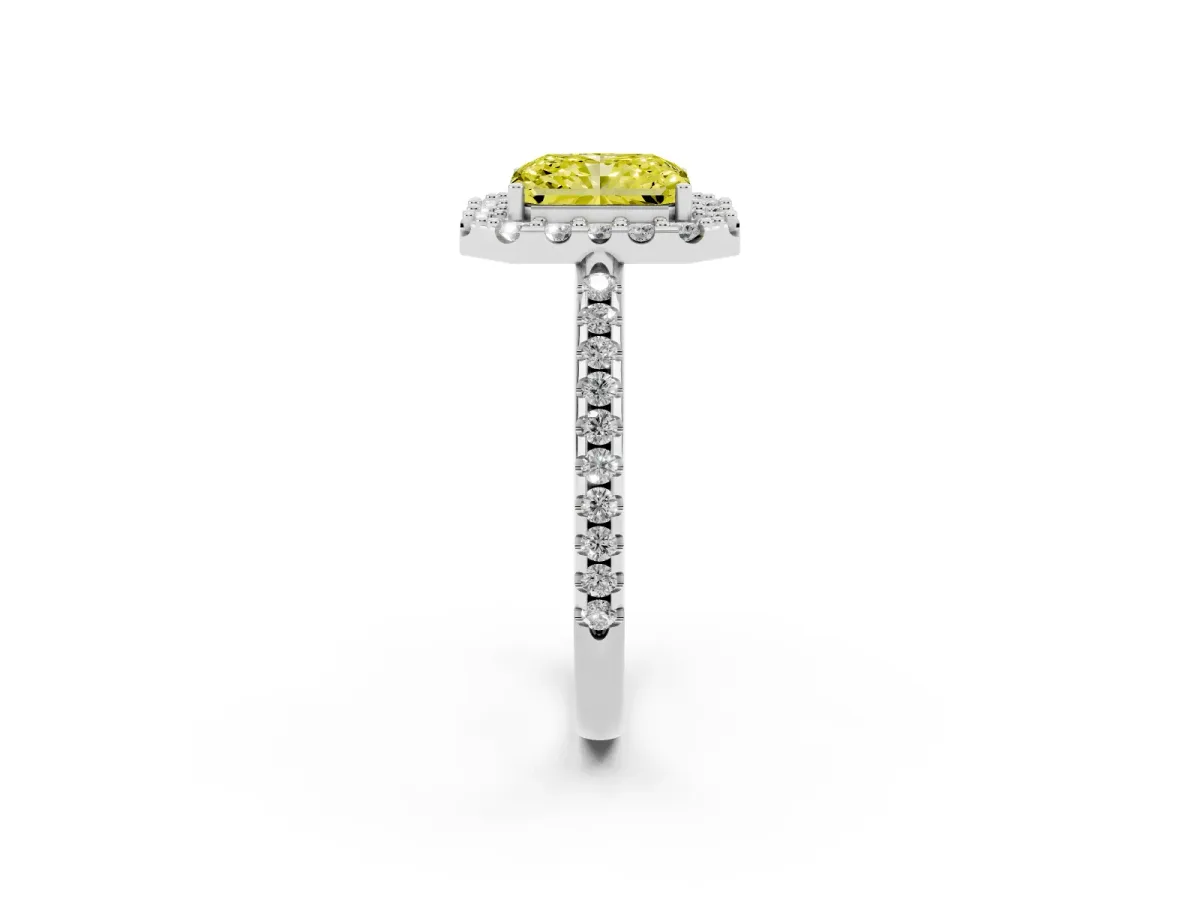 Fancy Yellow Radiant Cut Diamond Pavé Halo Ring with Four-Prong Setting Silver