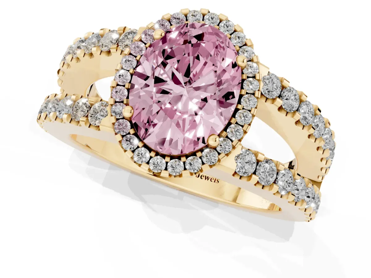 Fancy Pink Oval Cut Cut Halo Split Shank Diamond Ring with Four-Prong Setting Yellow gold