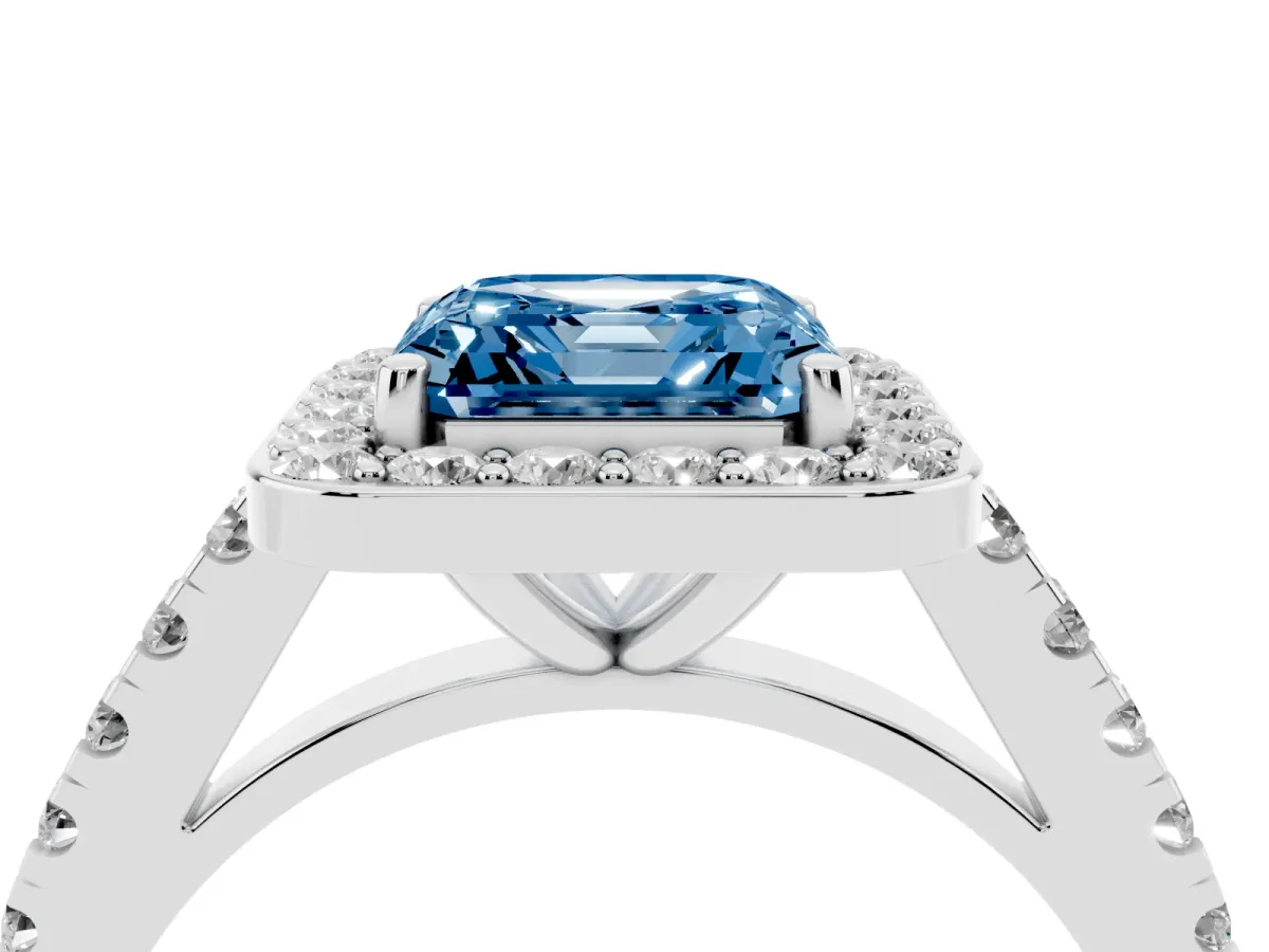 Fancy Blue Asscher Cut Diamond Halo Ring with Round Pavé Split Shank and Prong Setting Silver