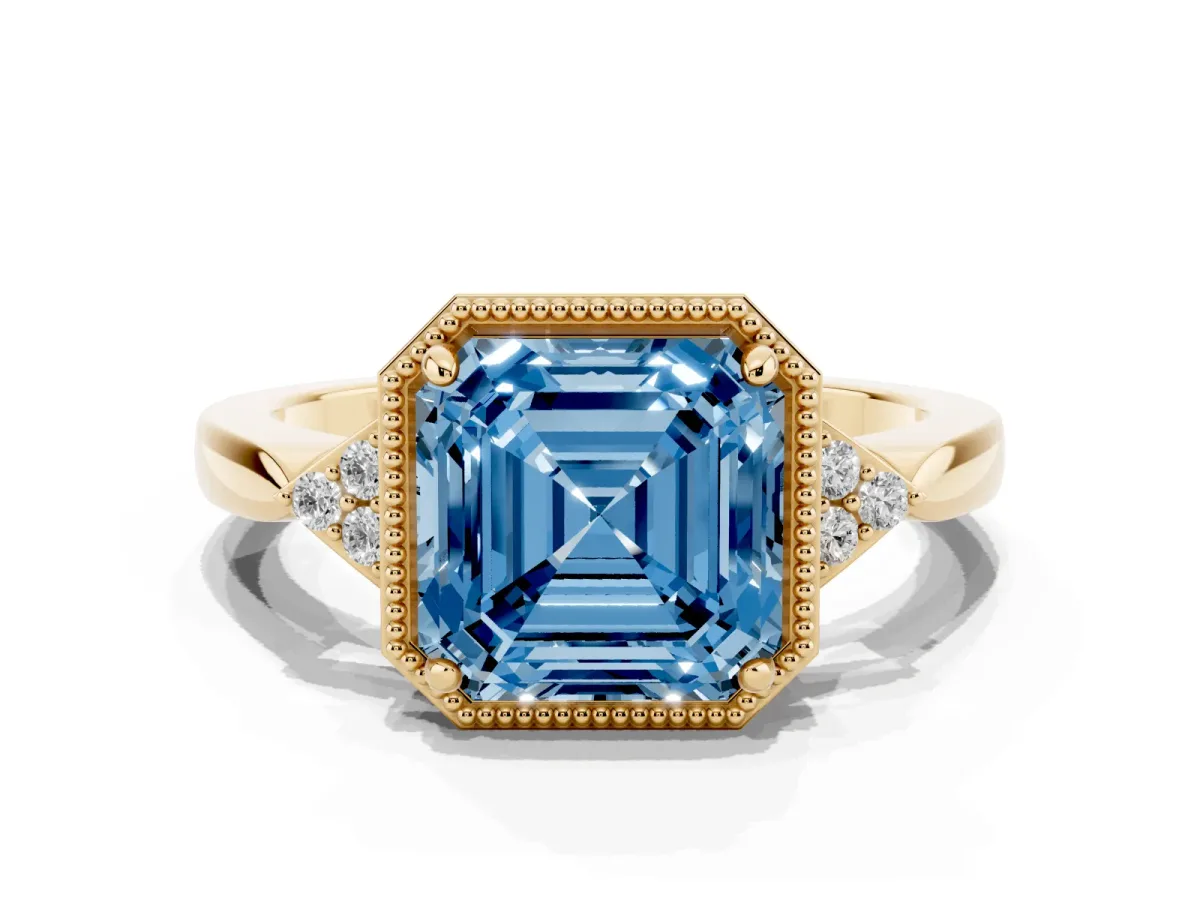 Fancy Blue Hexagonal Halo Asscher Cut Diamond Solitaire with Pavé Band and Four-Prong Setting Yellow gold