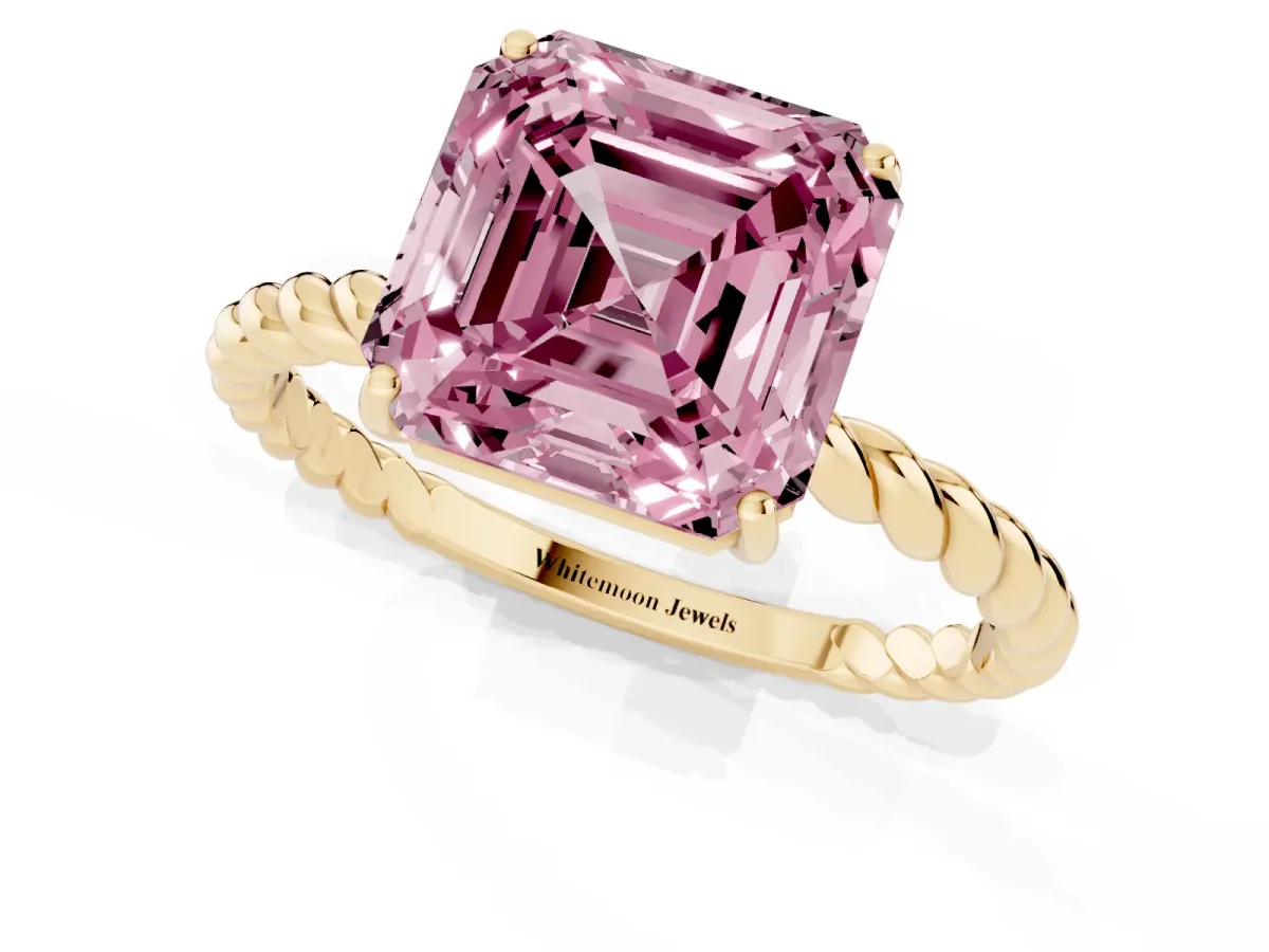 Fancy Pink Asscher Cut Solitaire Twist Band Ring with Four-Prong Setting Yellow gold