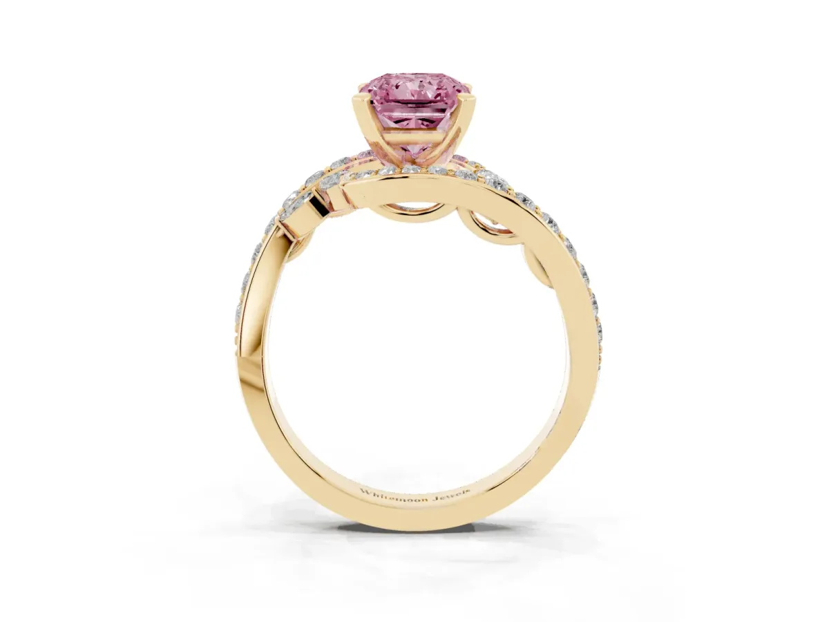 Fancy Pink Radiant Cut Solitaire with Pavé Twist Band and Four-Prong Setting Yellow gold