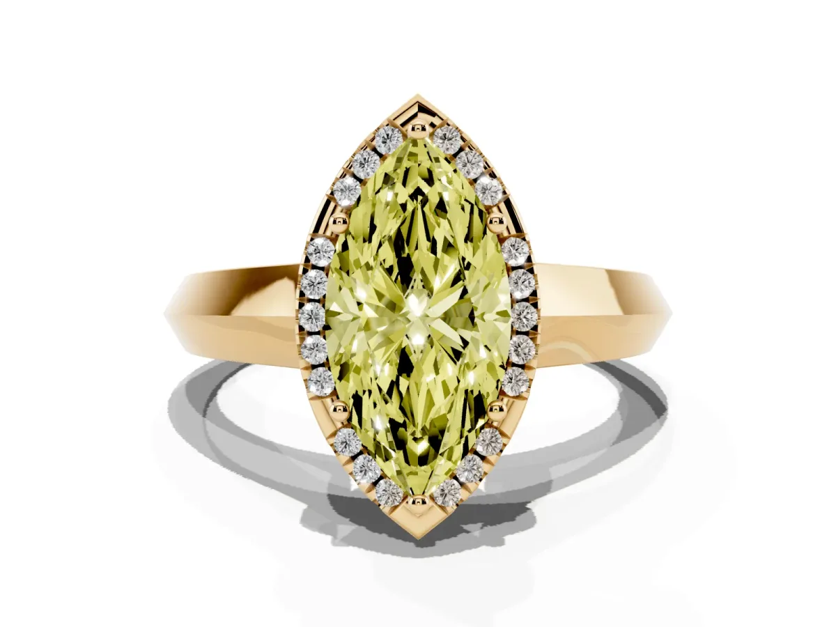 Fancy Yellow Marquise Cut Halo Diamond Ring with Cathedral Band and Four-Prong Setting Yellow gold