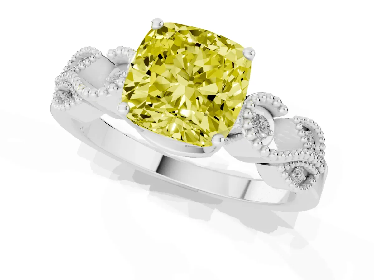 Fancy Yellow Cushion Cut Solitaire Milgrain Leaf Band with Prong Setting Platinum