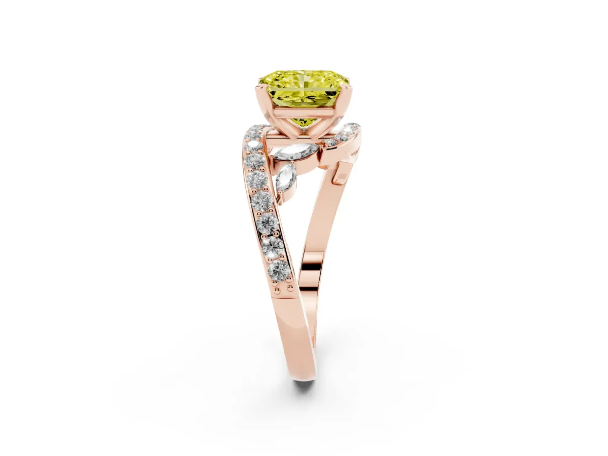 Fancy Yellow Radiant Cut Solitaire with Pavé Twist Band and Four-Prong Setting Rose gold