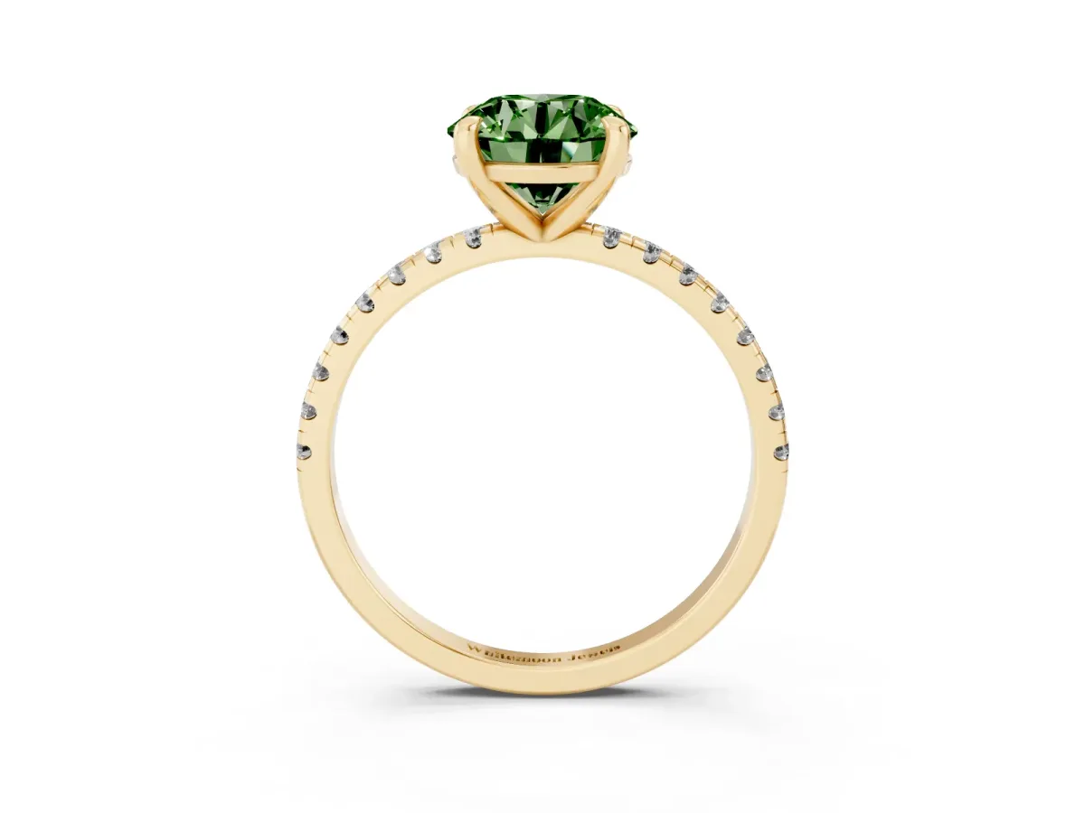 Fancy Green Round Cut Diamond Brilliant Solitaire Ring with Pavé Band and Four-Prong Setting Yellow gold