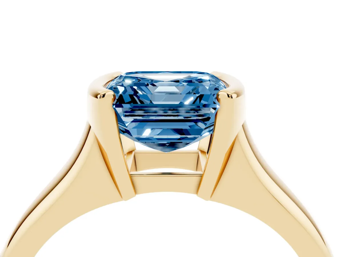 Fancy Blue Asscher Cut Solitaire Tension Set Diamond Ring with Split Shank Band Yellow gold