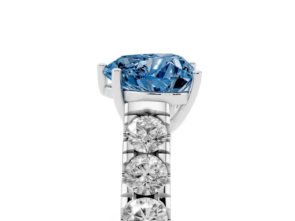 Fancy Blue Heart Cut Cut Diamond Solitaire Ring with Micro Pave Band and Prong Setting Silver
