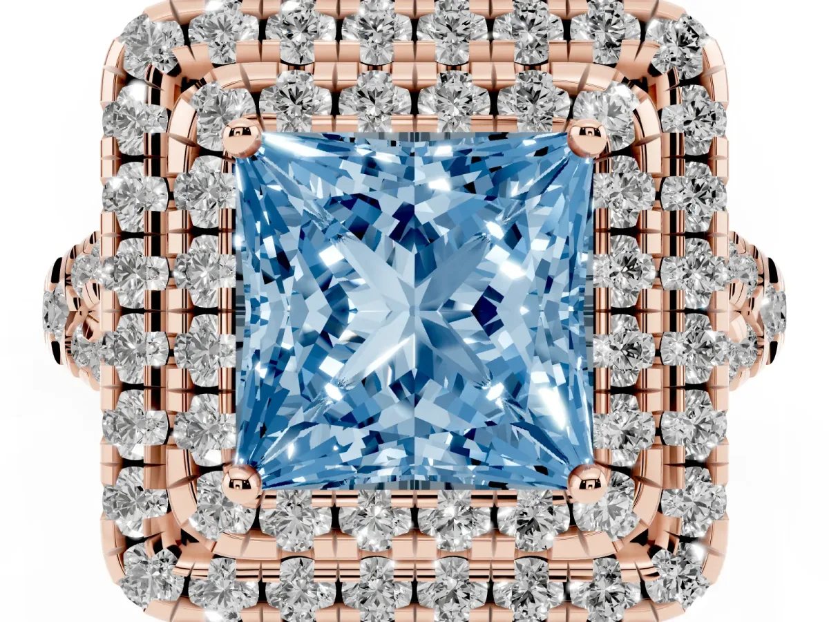 Fancy Blue Double Halo Princess Cut Diamond Pavé Split Shank Ring with Prong Setting Rose gold