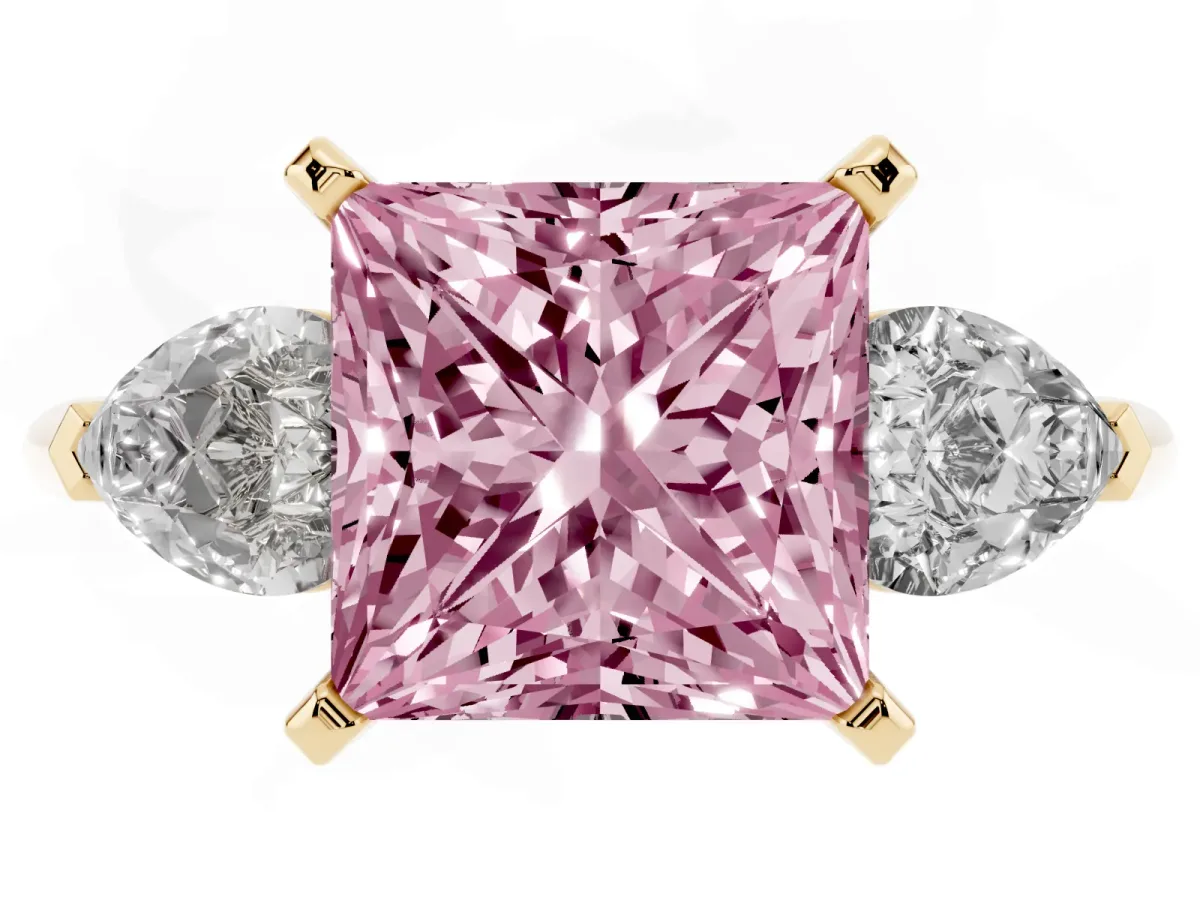 Fancy Pink Three-Stone Princess Cut Diamond Ring with Pear Side Stones and Four-Prong Setting Yellow gold