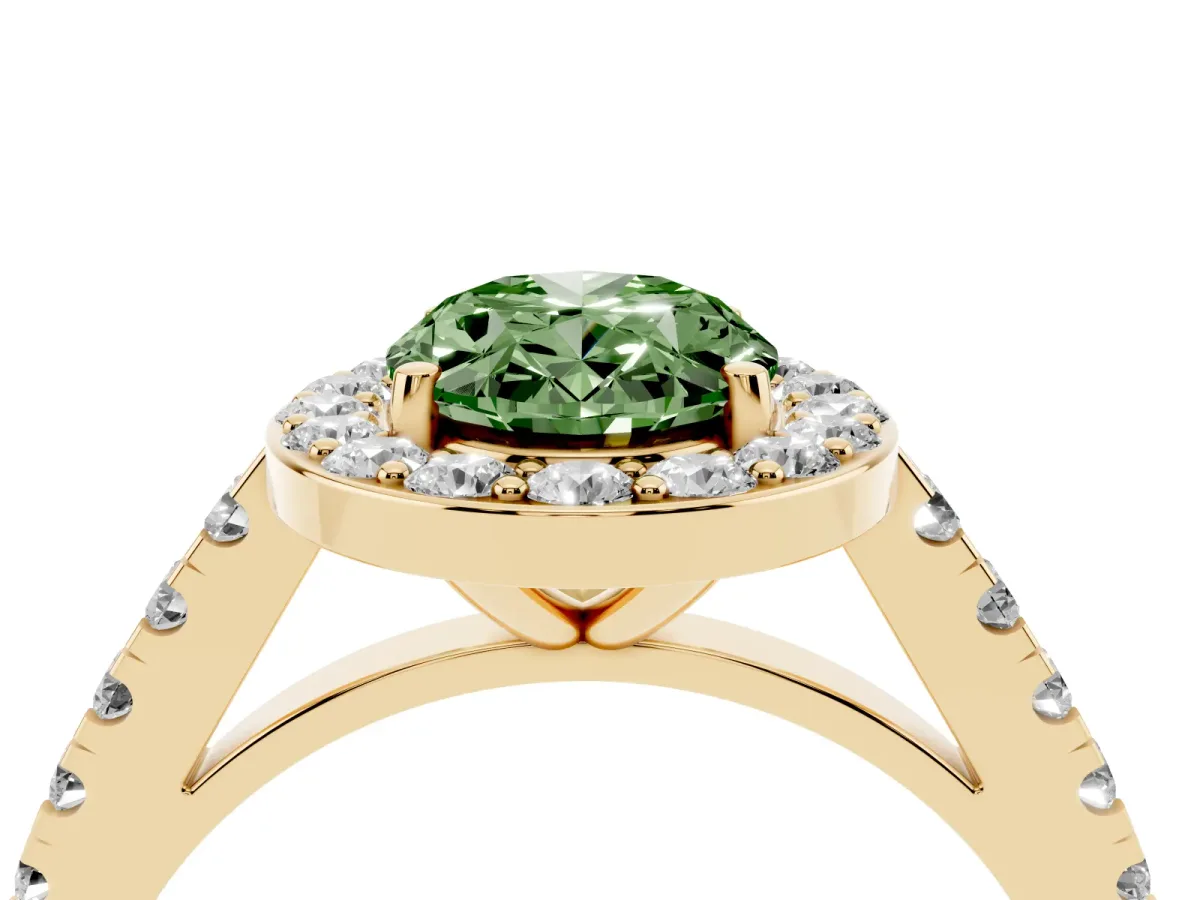Fancy Green Oval Cut Diamond Halo Ring with Round Pavé Split Shank and Prong Setting Yellow gold