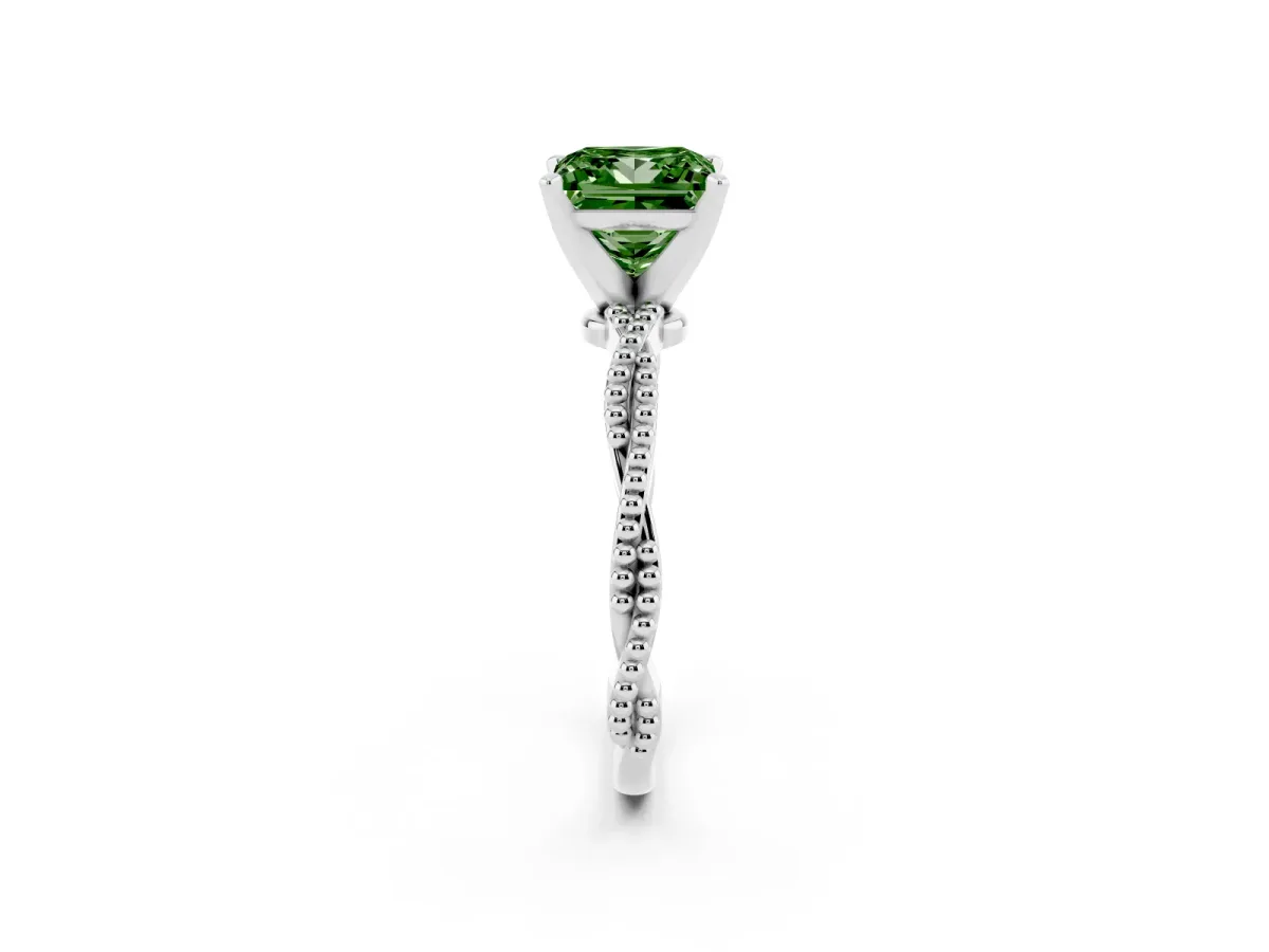 Fancy Green Princess Cut Solitaire Twisted Band with Bead Prong Setting Platinum