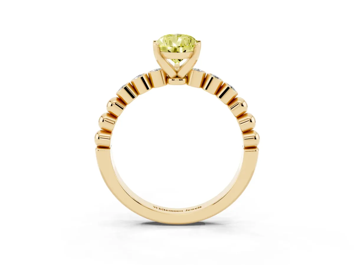 Fancy Yellow Pear Cut Solitaire Bezel Accent Diamond Engagement Ring with Beaded Band and Four-Prong Setting Yellow gold