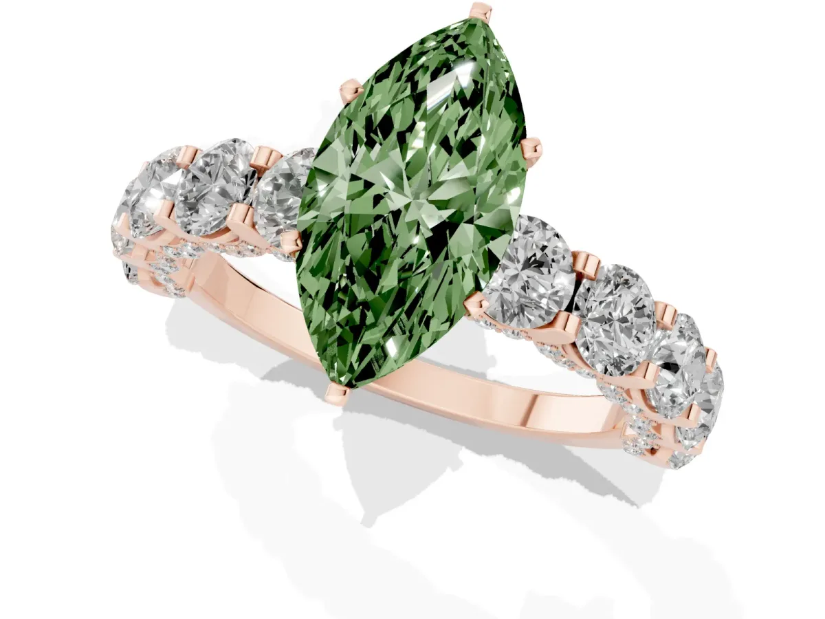 Fancy Green Marquise Cut Diamond Side Stone Engagement Ring with Four-Prong Setting Rose gold