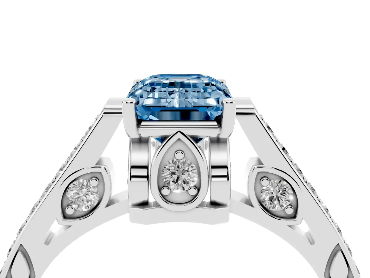 Fancy Blue Emerald Cut Cut Cathedral Pave Diamond Engagement Ring with Six-Prong Setting Platinum