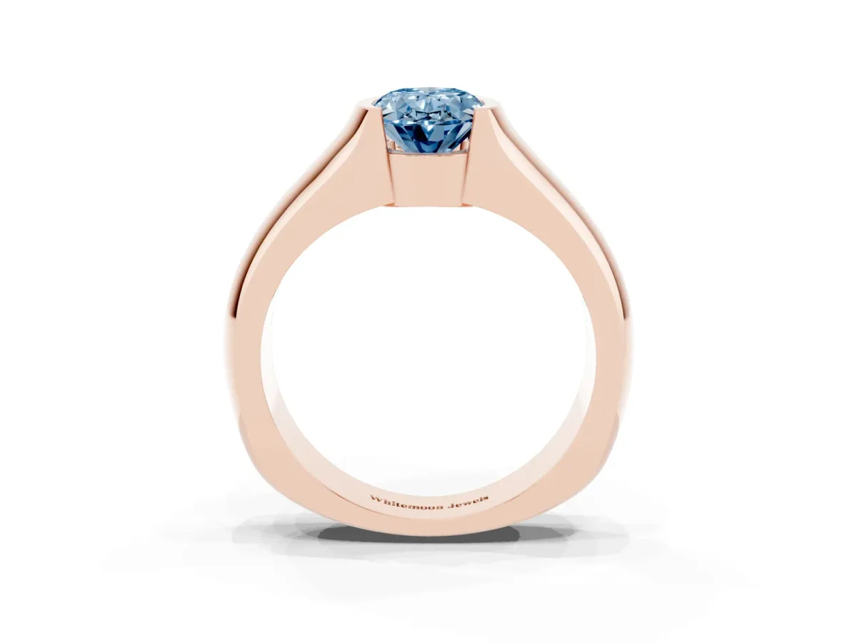 Fancy Blue Oval Cut Solitaire Bezel Set Diamond Ring with Wide Band Rose gold