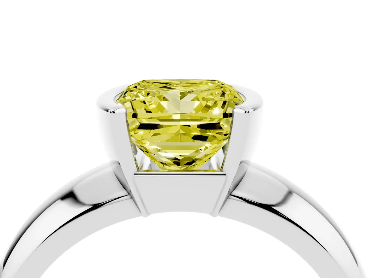 Fancy Yellow Princess Cut Solitaire Tension Set Diamond Ring with Wide Band Silver