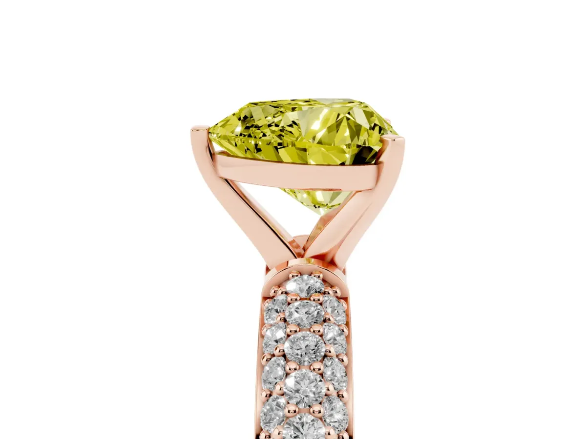 Fancy Yellow Heart Cut Diamond Solitaire Ring with Prong Setting and Pavé Band Rose gold