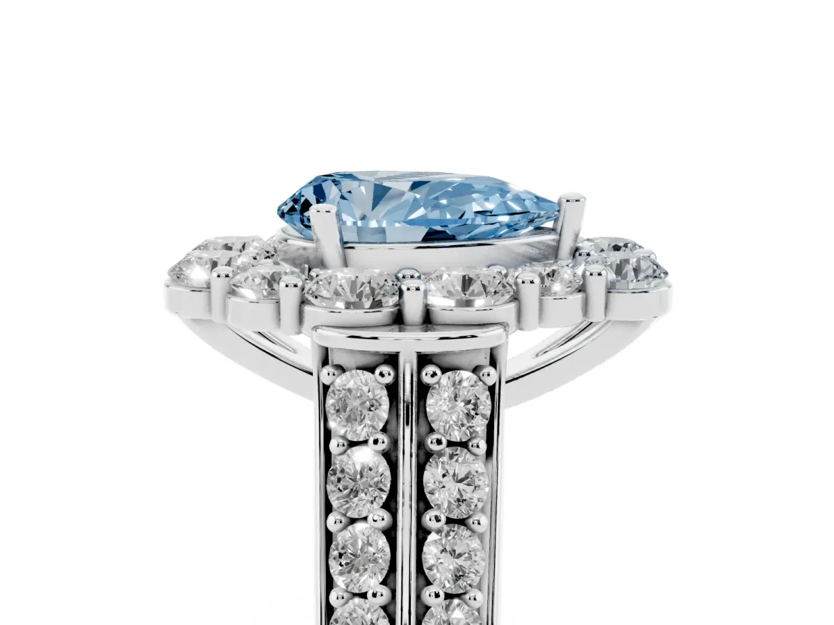Fancy Blue Pear Cut Halo Diamond Engagement Ring with Split Shank and Prong Setting Silver