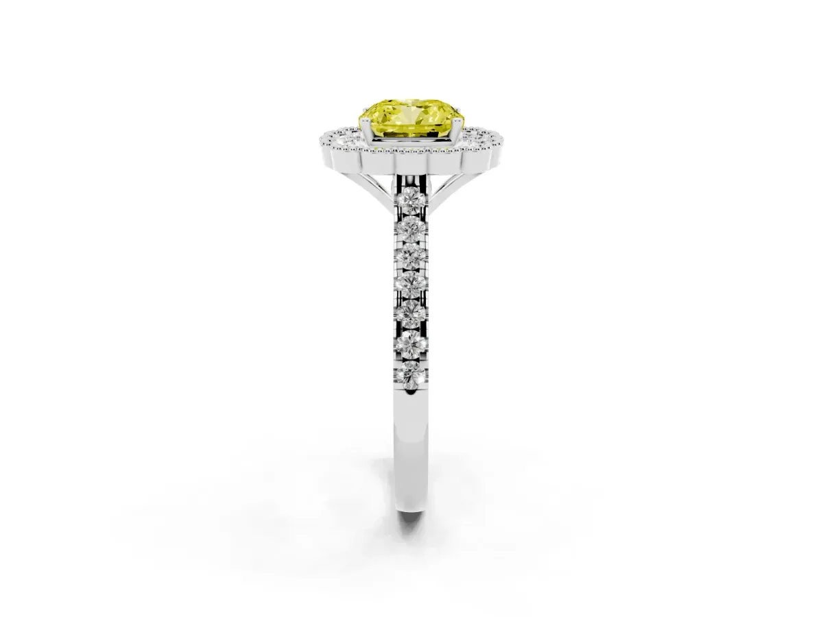 Fancy Yellow Cushion Cut Cut Diamond Milgrain Floral Halo Engagement Ring with Pavé Band White gold