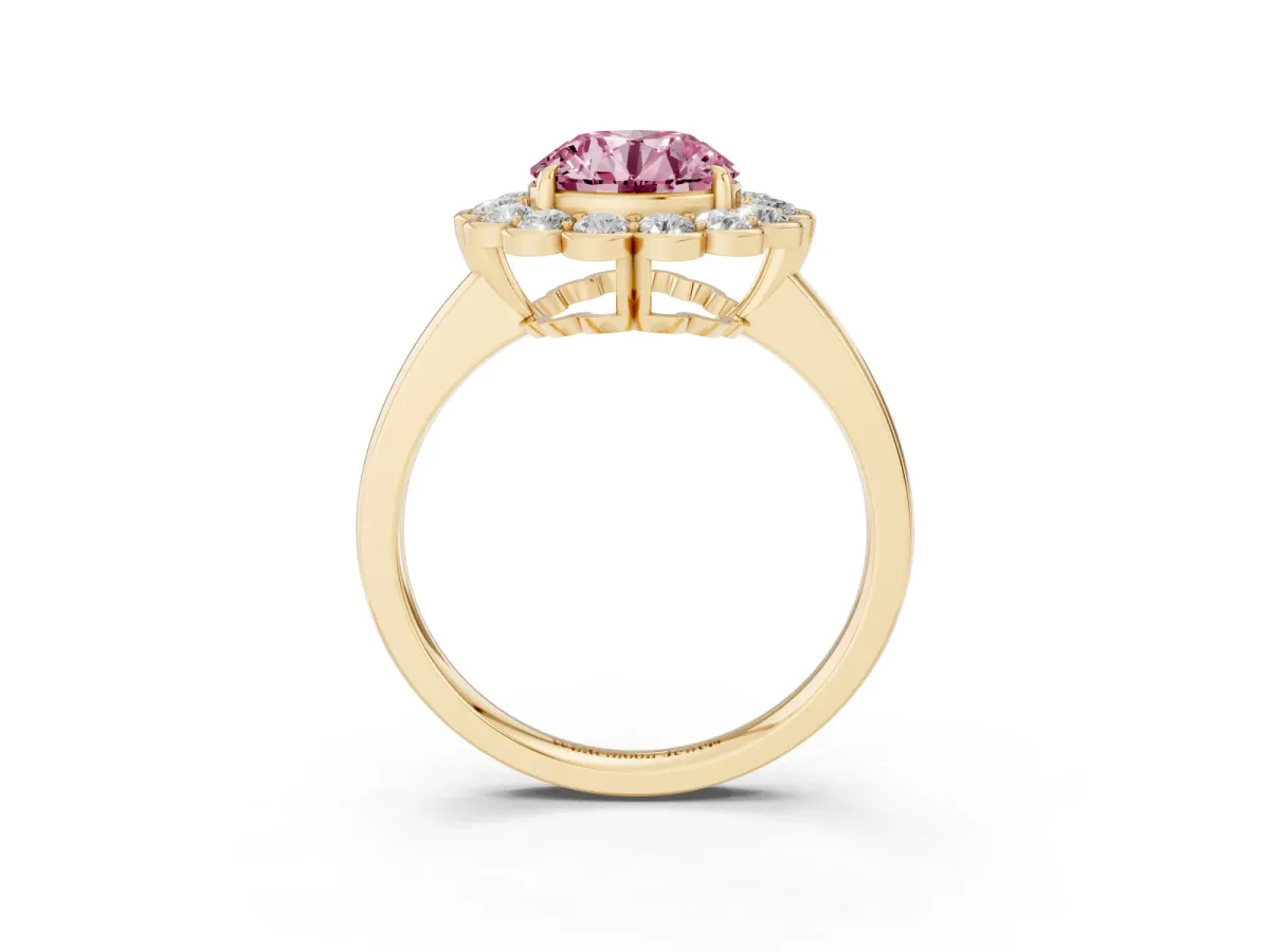 Fancy Pink Round Cut Halo Cluster Diamond Engagement Ring with Solitaire Band and Prong Setting Yellow gold