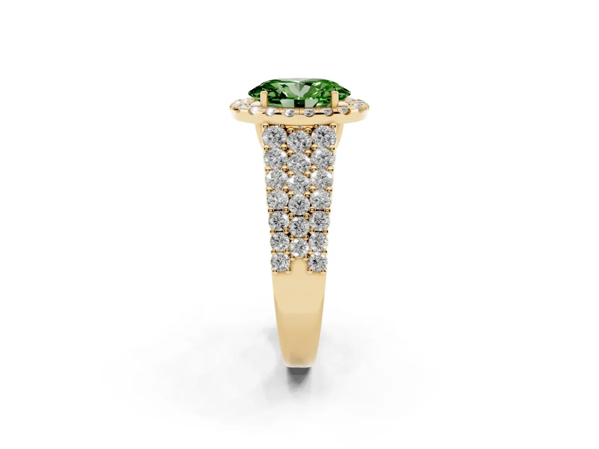 Fancy Green Oval Cut Diamond Halo Engagement Ring with Triple Row Round Pavé Band and Prong Setting Yellow gold