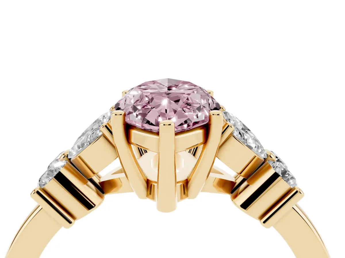 Fancy Pink Marquise Cut Diamond Floral Cluster Ring with Solitaire Band and Prong Setting Yellow gold