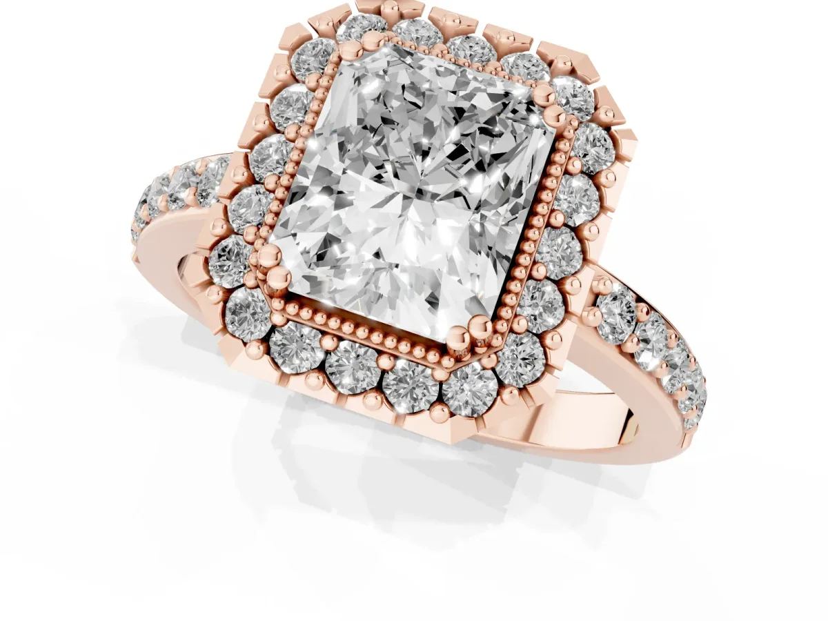 Radiant Cut Diamond Halo Ring with Pavé Band and Prong Setting Rose gold