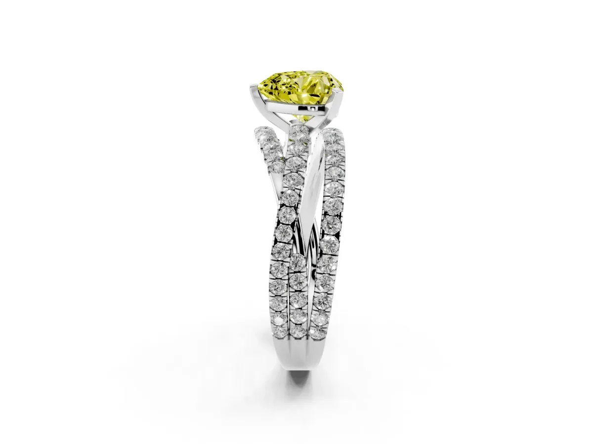 Fancy Yellow Heart Cut Solitaire Twist Band with Pavé Setting and Four-Prong Setting Silver