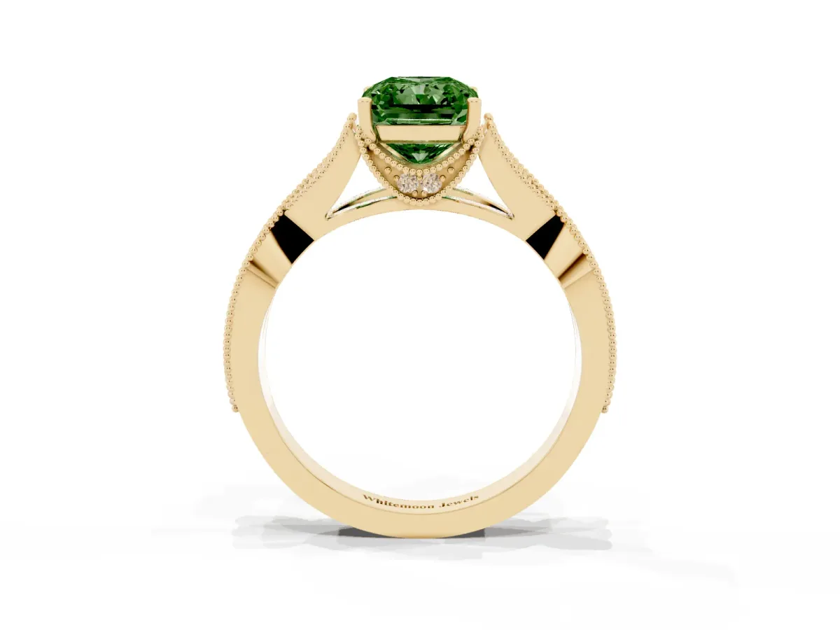 Fancy Green Radiant Cut Cut Diamond Twisted Band with Milgrain Pave Setting and Four-Prong Setting Yellow gold