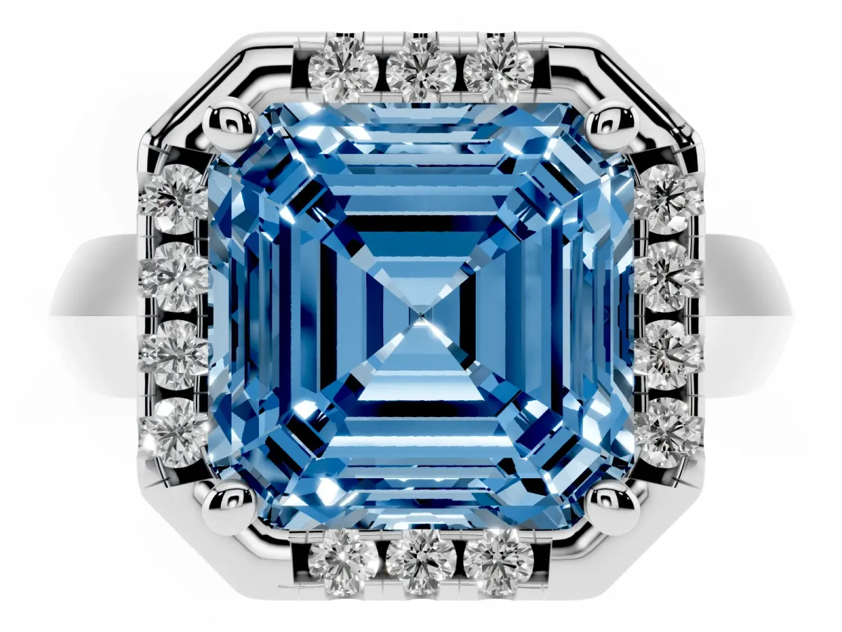 Fancy Blue Asscher Cut Cut Halo Solitaire Engagement Ring with Square Band and Four-Prong Setting White gold