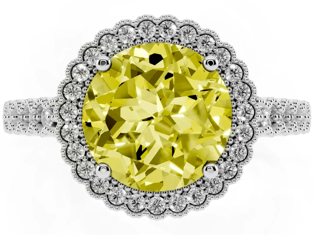 Fancy Yellow Round Cut Cut Halo Pavé Solitaire Ring with Milgrain Band White gold
