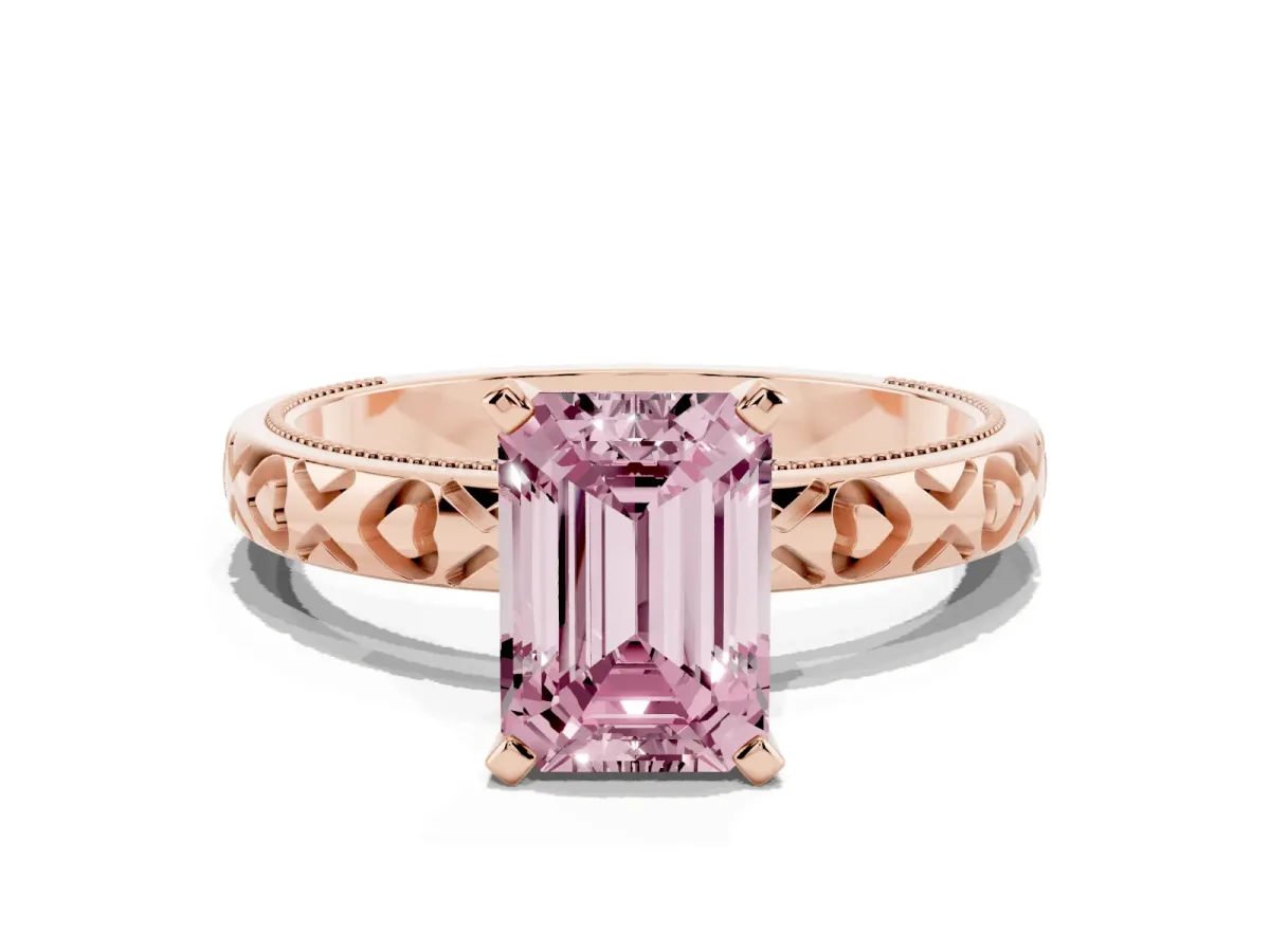 Fancy Pink Emerald Cut Solitaire Diamond Engagement Ring with XO Engraved Band and Four-Prong Setting Rose gold