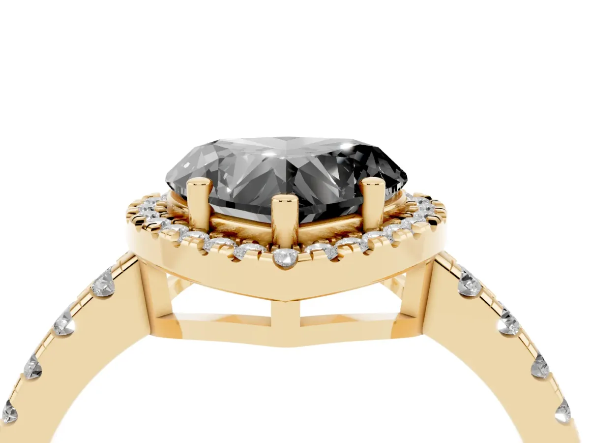 Fancy Black Heart Cut Diamond Halo Ring with Pavé Band and Four-Prong Setting Yellow gold
